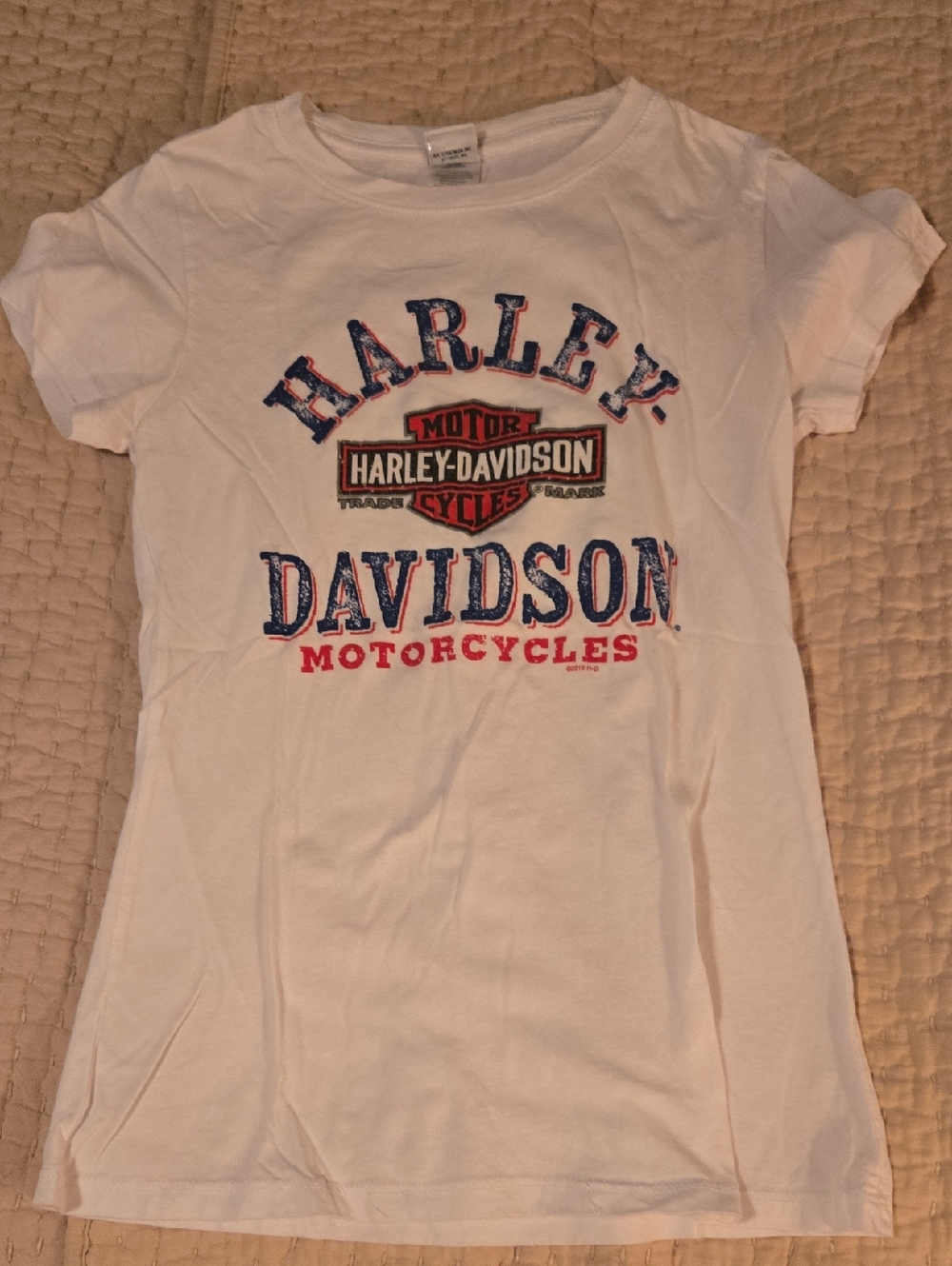 Harley-Davidson White Tee with Blue and Red Logo Southside Indianapolis Small